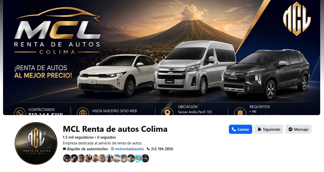 Vista de la página de Facebook MCL Renta de Autos Colima