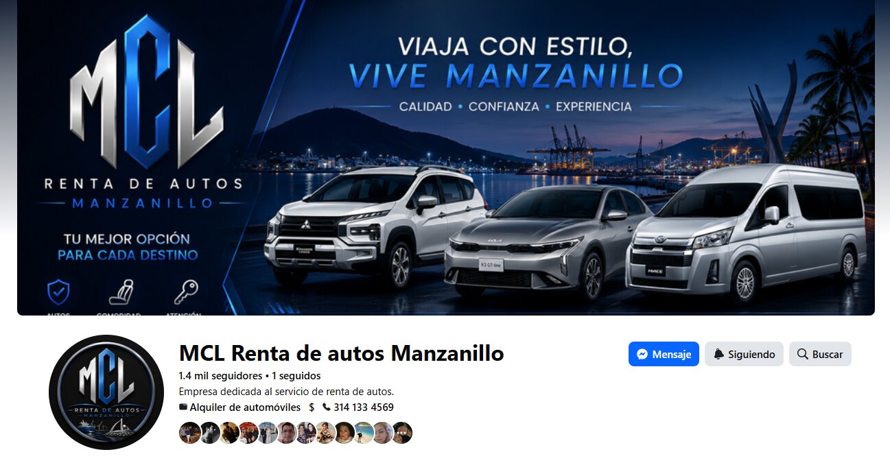 Vista de la página de Facebook MCL Renta de Autos Manzanillo
