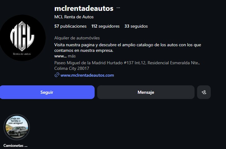 Vista del perfil de Instagram de MCL Renta de Autos Colima